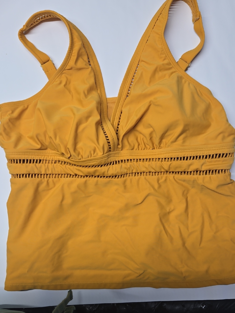 Time and Tru Mustard Yellow Swim Top with Ladder Trim